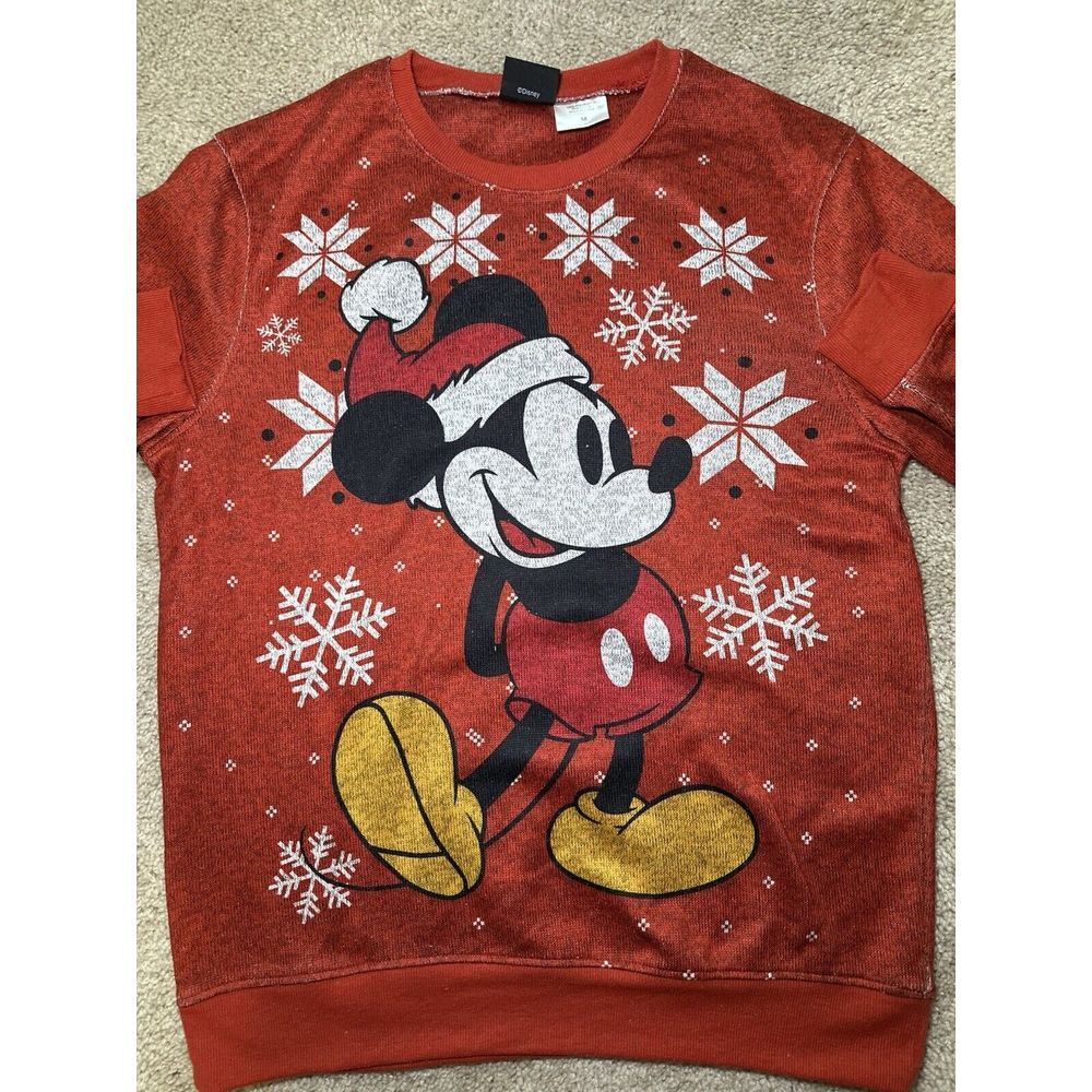 Vintage Polyester Red Disney Mickey Mouse Santa Snowflake Christmas Sweater Med
